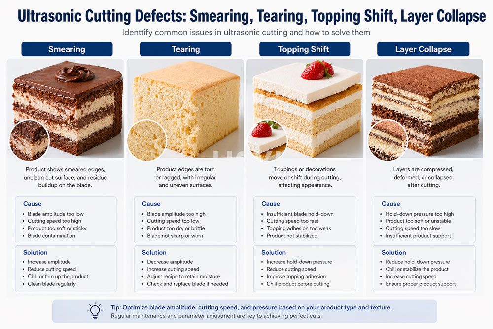 Ultrasonic Cutting Defects: Smearing, Tearing, Topping Shift, Layer Collapse