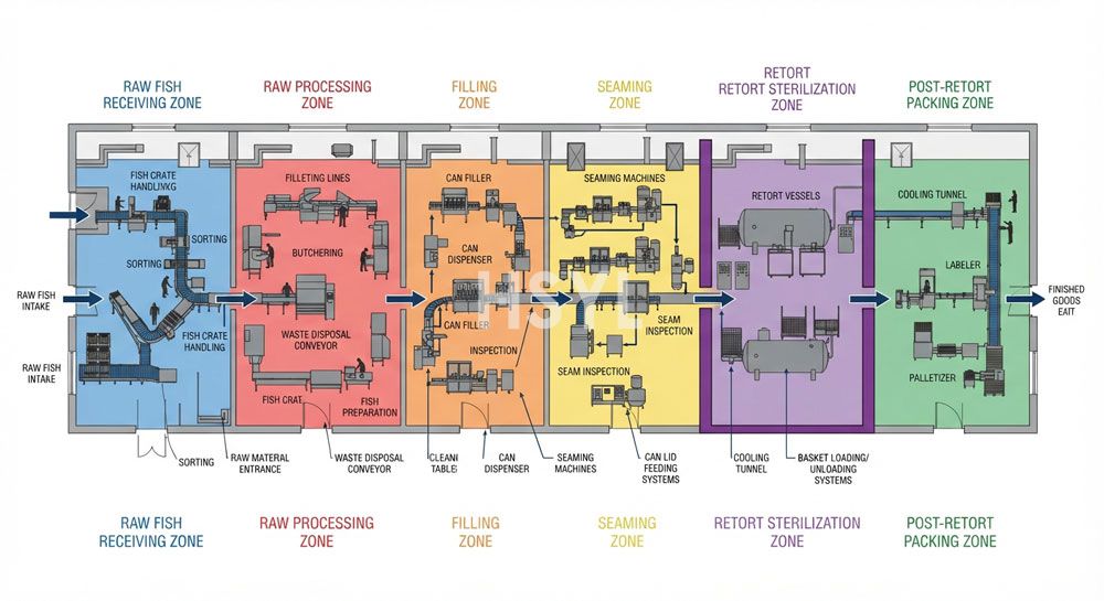 Canned Fish Production Line Layout: From Raw Fish Receiving to Retort